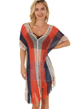 Load image into Gallery viewer, Multicolor Striped Tassel Crochet V Neck Beach Cover Up
