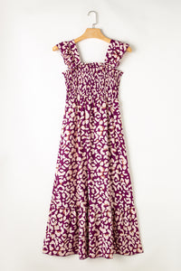 Rose Leopard Ruffle Straps Smocked High Waist Long Dress