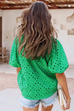 Load image into Gallery viewer, Green Flower Embroidered Hollow-out Puff Sleeve Blouse
