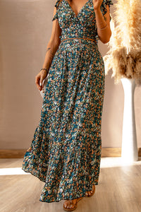 Green Floral Crop Top and Maxi Skirt Set