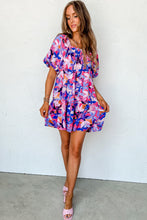 Load image into Gallery viewer, Purple Flower Print Short Puff Sleeve Ruffled Dress
