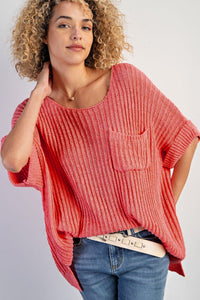 Salmon Loose Knit Tee with Slits