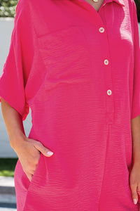 Bright Pink Half Button Collared Loose Romper