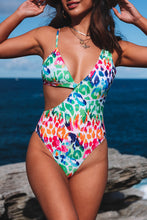 Load image into Gallery viewer, Multicolor Leopard Kiss Print Asymmetric Cutout One Piece Swimwear
