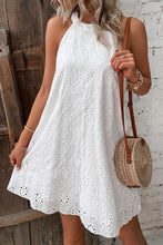 Load image into Gallery viewer, White Boho Eyelet Pattern Halter Neck Sleeveless Dress
