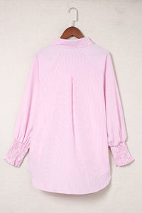 Pink Boyfriend Shirt with Pockets and Ruched Cuffs