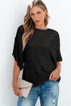 Load image into Gallery viewer, Black Pointelle Knit Scallop Edge Short Sleeve Top
