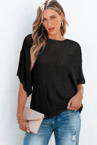 Black Pointelle Knit Scallop Edge Short Sleeve Top