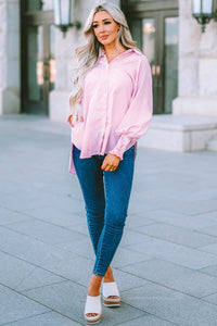 Pink Boyfriend Shirt with Pockets and Ruched Cuffs