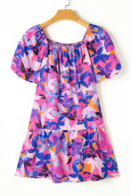 Load image into Gallery viewer, Purple Flower Print Short Puff Sleeve Ruffled Dress
