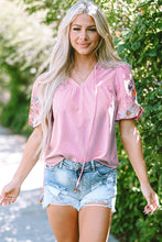 Load image into Gallery viewer, Pink Floral Embroidered Puff Sleeve Split Neck Blouse
