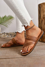 Load image into Gallery viewer, Chestnut Cross Toe Metal Buckle Leathered Flat Slippers
