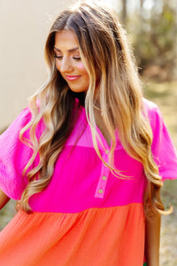 Color Block Tiered Puff Sleeve Dress