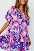 Load image into Gallery viewer, Purple Flower Print Short Puff Sleeve Ruffled Dress
