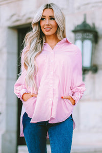 Pink Boyfriend Shirt with Pockets and Ruched Cuffs