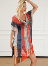 Load image into Gallery viewer, Multicolor Striped Tassel Crochet V Neck Beach Cover Up
