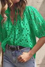 Load image into Gallery viewer, Green Flower Embroidered Hollow-out Puff Sleeve Blouse
