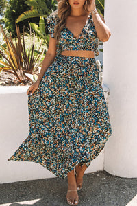 Green Floral Crop Top and Maxi Skirt Set