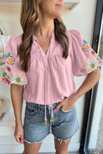 Load image into Gallery viewer, Pink Floral Embroidered Puff Sleeve Split Neck Blouse
