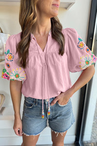 Pink Floral Embroidered Puff Sleeve Split Neck Blouse
