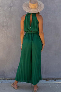 Green Open Back Pleated Jumpsuit