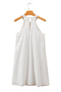 White Boho Eyelet Pattern Halter Neck Sleeveless Dress