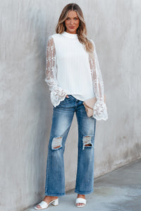 White Contrast Lace Sleeve Mock Neck Textured Blouse