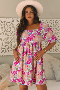 Rose Summer Floral Square Neck Puff Sleeve Babydoll Dress