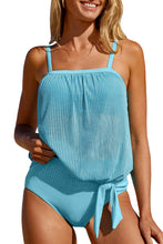 Load image into Gallery viewer, Turquoise Striped Mesh Knotted Hem Tankini Swimsuit
