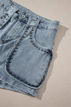 Load image into Gallery viewer, Dusk Blue Studded Acid Wash Jean Shorts
