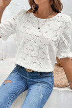 Load image into Gallery viewer, White Flower Eyelet Jacquard Keyhole Flounce Sleeve Top
