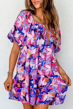 Load image into Gallery viewer, Purple Flower Print Short Puff Sleeve Ruffled Dress
