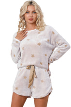 Load image into Gallery viewer, White Plush Star Pattern Long Sleeve Pullover and Shorts Lounge Set
