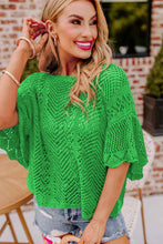 Load image into Gallery viewer, Green Pointelle Knit Scallop Edge Short Sleeve Top
