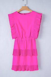 Bright Pink Solid Color Pleated Layered Flutter Mini Dress