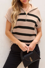 Load image into Gallery viewer, Khaki Stripe Zipped Collar Short Sleeve Sweater
