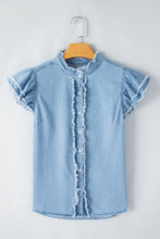 Load image into Gallery viewer, Beau Blue Button Front Ruffled Flutter Frayed Denim Top
