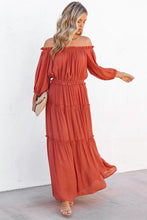 Load image into Gallery viewer, Orange Off Shoulder Balloon Sleeve Cutout Ruffled Maxi Dress
