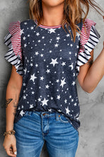 Load image into Gallery viewer, Gray Striped Ruffled Sleeve Star Print T Shirt
