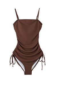 Coffee Ribbed Drawstring Sides Cutout One Piece Swimsuit