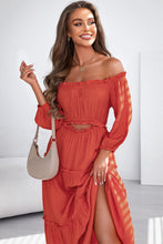 Load image into Gallery viewer, Orange Off Shoulder Balloon Sleeve Cutout Ruffled Maxi Dress

