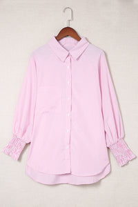 Pink Boyfriend Shirt with Pockets and Ruched Cuffs