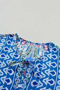 Sky Blue Bohemian Print Tie Neck Ruffle Hem Short Dress