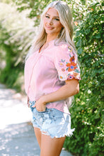 Load image into Gallery viewer, Pink Floral Embroidered Puff Sleeve Split Neck Blouse
