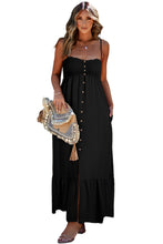 Load image into Gallery viewer, Black Spaghetti Straps Smocked Front Slit Buttoned Dress
