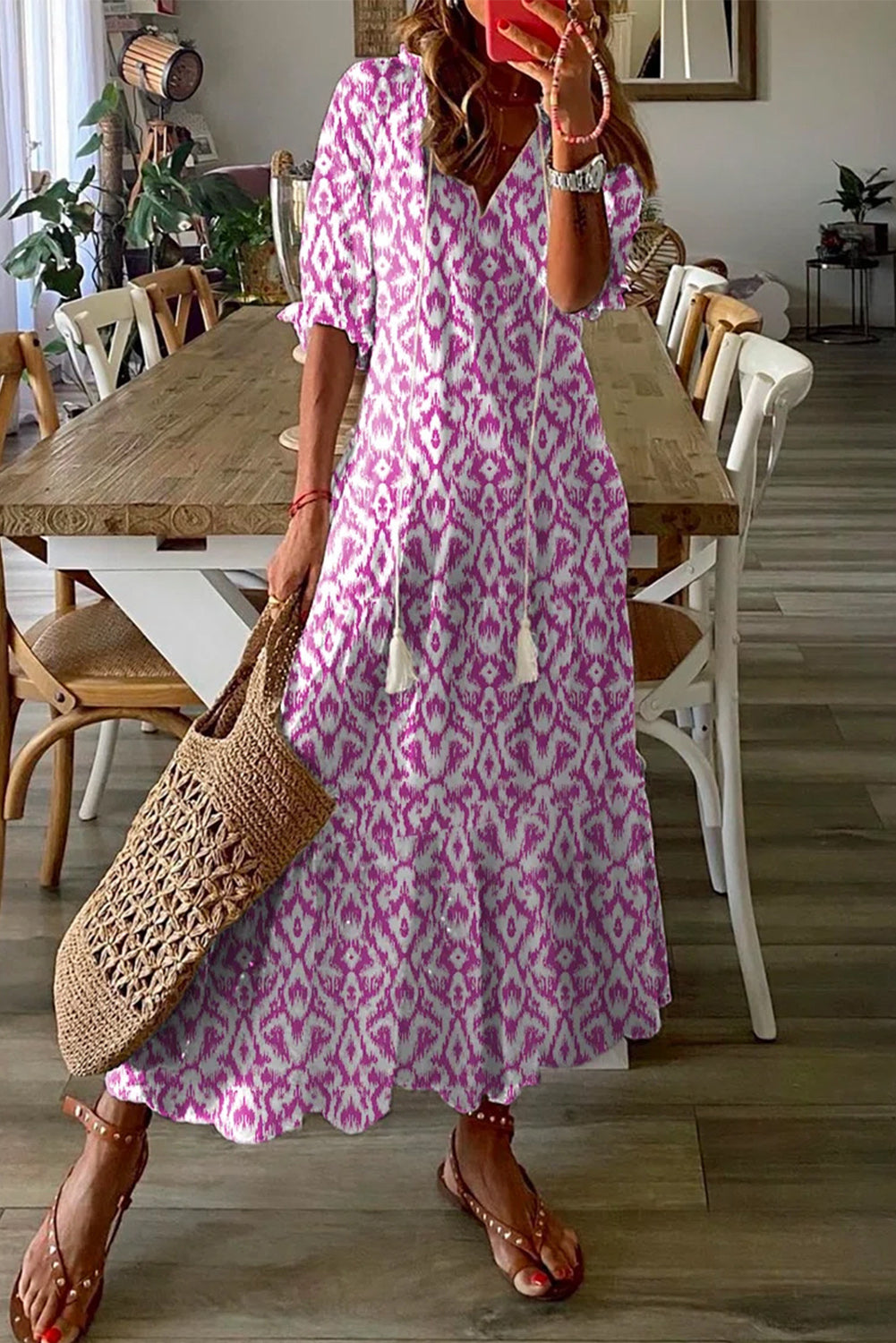 Pink Geometric Print Maxi Dress