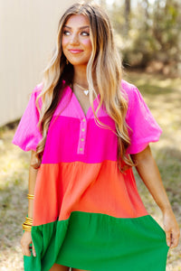 Color Block Tiered Puff Sleeve Dress