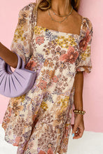 Load image into Gallery viewer, Khaki Floral Short Sleeve Square Neck Mini Dress
