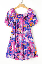 Load image into Gallery viewer, Purple Flower Print Short Puff Sleeve Ruffled Dress
