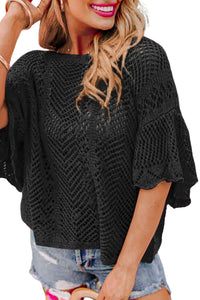 Black Pointelle Knit Scallop Edge Short Sleeve Top